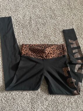 Black Leggings with Brown Leopard Waistband and Side Print -